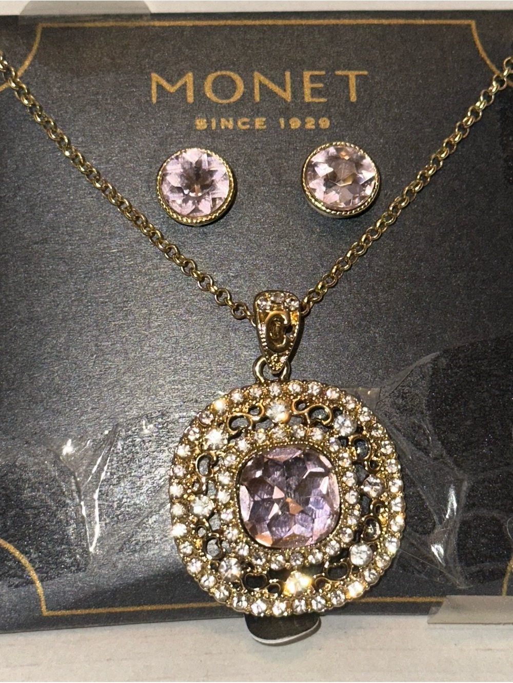 Monet Gold-Tone Necklace and Studs with Blush Pink Stones - Picture 3 of 4